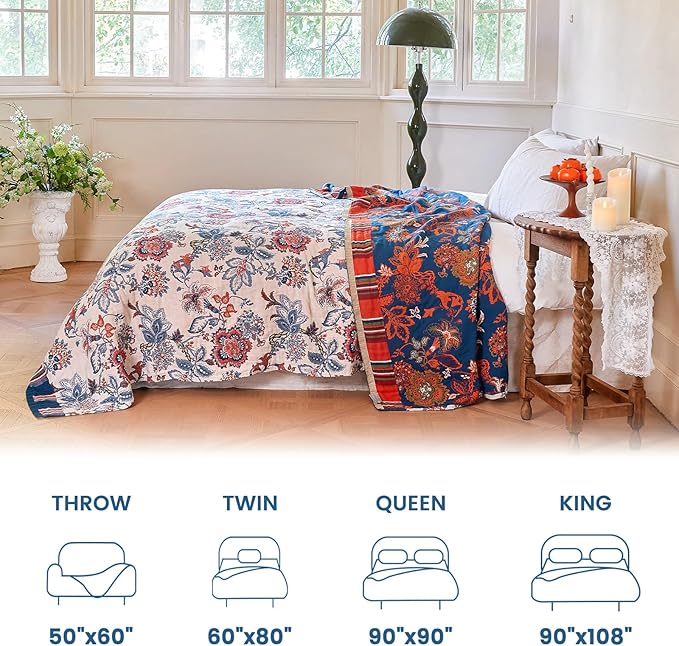 MSGKV Boho Throw Blanket 90"x108" 100% Cotton Floral Blanket - Image 5
