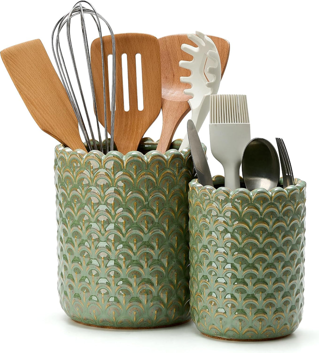 JIEMEI HOME Kitchen Utensil Holder, Large 7.5"+6.2" Petal Ceramic Utensil Crock for Countertop, Utensil Holder with Cork Mat, Morden Utensil Organizer for Spatula, Kitchen Decor, Set of 2- Green