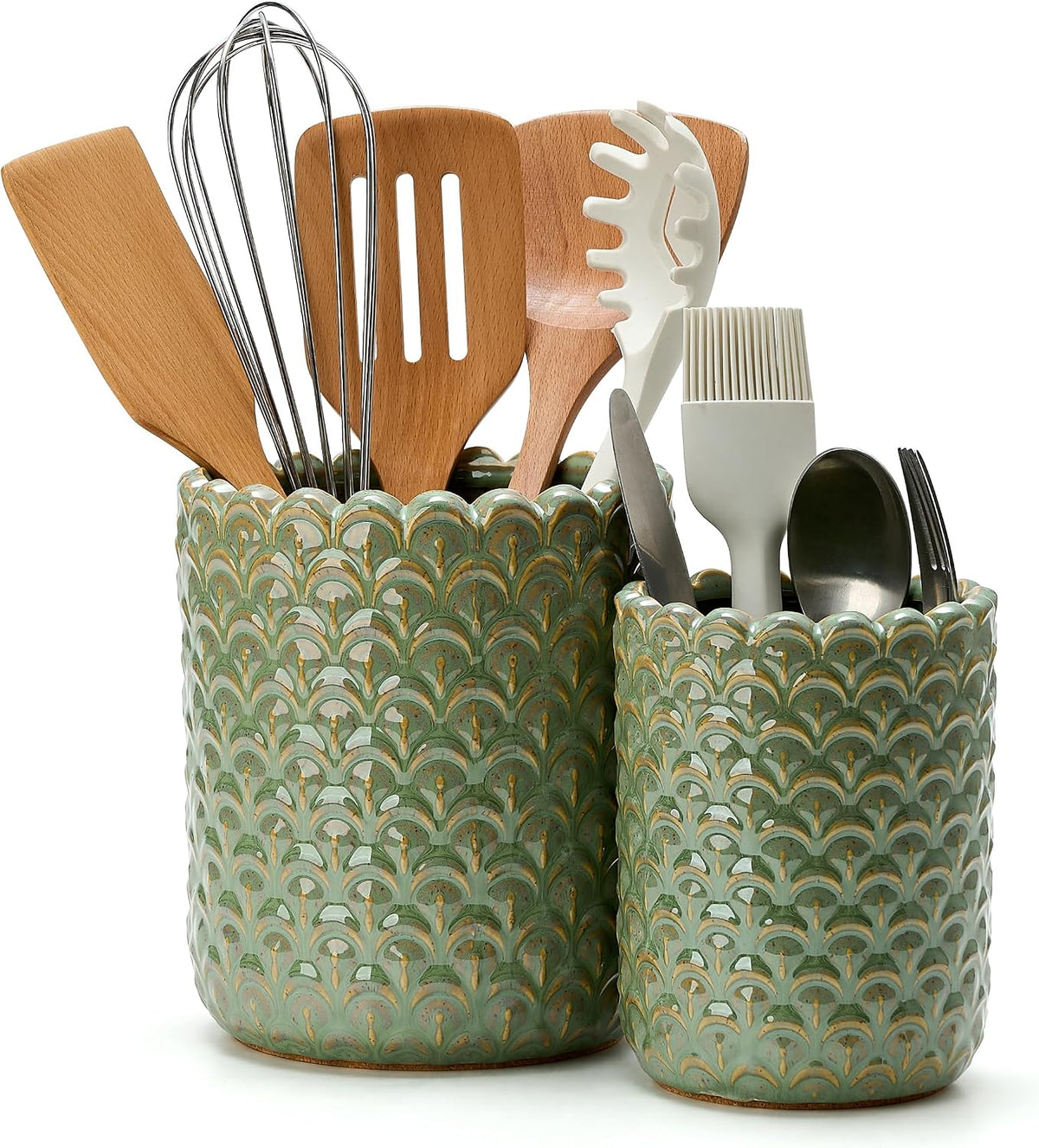 JIEMEI HOME Kitchen Utensil Holder, Large 7.5"+6.2" Petal Ceramic Utensil Crock for Countertop, Utensil Holder with Cork Mat, Morden Utensil Organizer for Spatula, Kitchen Decor, Set of 2- Green