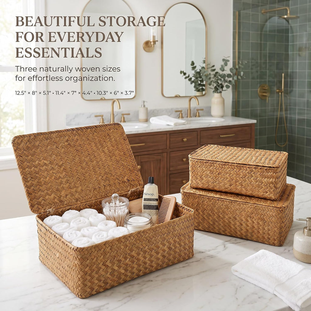 Decorative Wicker Storage Boxes with Lids - Set of 3 Seagrass Organizers