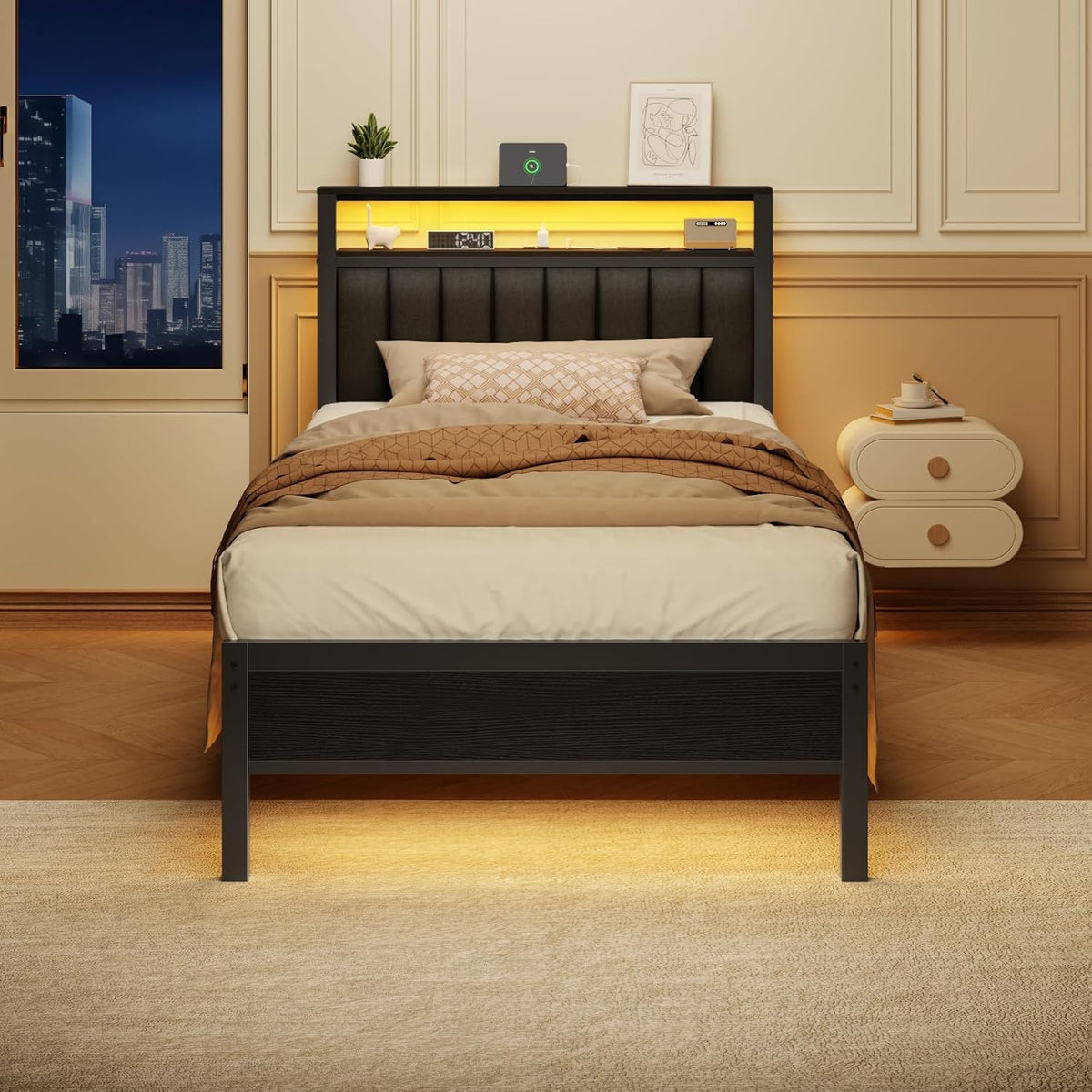Furnulem Twin Size Bed Frame with Charging Station and LED Lights