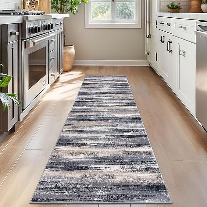 Lansny Modern Abstract Bedroom Runner Rug 2x7, Non-Slip Soft Thin Faux Wool Mat - Image 2
