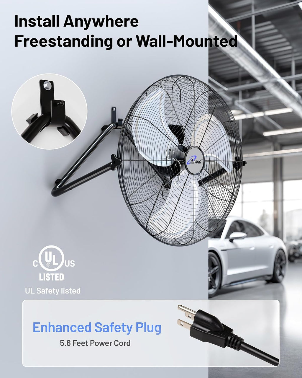 iLIVING 20 Inch Heavy Duty Floor & Wall Mount Fan - 5750 CFM High Velocity, 120-Watt, 3-Speed, Industrial Cooling for Garage, Workshop, Office, Home - UL Listed, Black