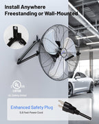 iLIVING 20 Inch Heavy Duty Floor & Wall Mount Fan - 5750 CFM High Velocity, 120-Watt, 3-Speed, Industrial Cooling for Garage, Workshop, Office, Home - UL Listed, Black