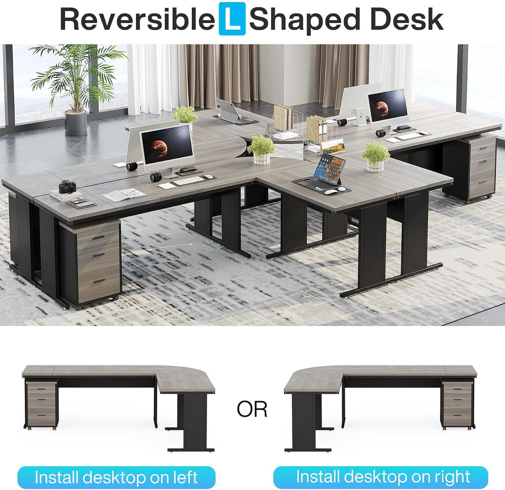 Tribesigns 83" L-Shaped Executive Desk, Large Office Desk with Drawes, Industrial Corner Computer Table with File Cabinet, Business Workstation for Home Office (Gray, 83")