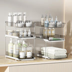 Delamu 2 Pack 3-Tier Bathroom Under Sink Organizers and Storage, Multi-Purpose Stackable Pantry Organization and Storage, Pull Out Clear Kitchen Bathroom Cabinet Organizer with Movable Dividers, Grey