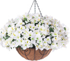 Artificial Hanging Flowers Faux Plants Basket for Outdoors Fall Winter Decor, Fake Silk Bougainvillea in Planter Outdoor Look Real UV Resistant Faux Flower for Outside Porch Patio Garden Home, White