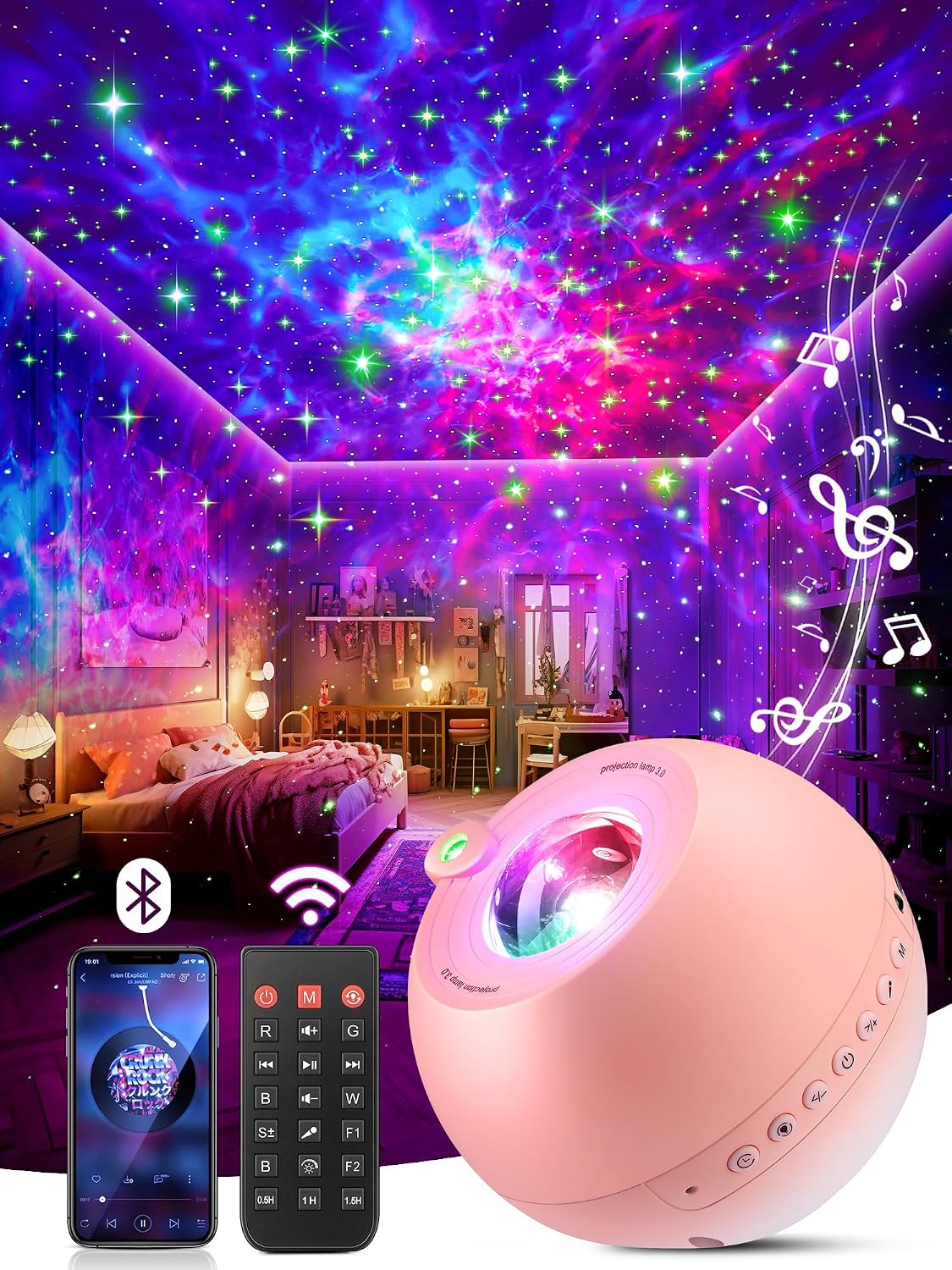 One Fire 360 Game Lights Galaxy Projector Gaming Accessories Gaming Room Decor Green Star Bluetooth Speaker+15 White Noise Man Cave Accessories Cool Gifts for Men Birthday Gift Cool Stuff for Teen Boy