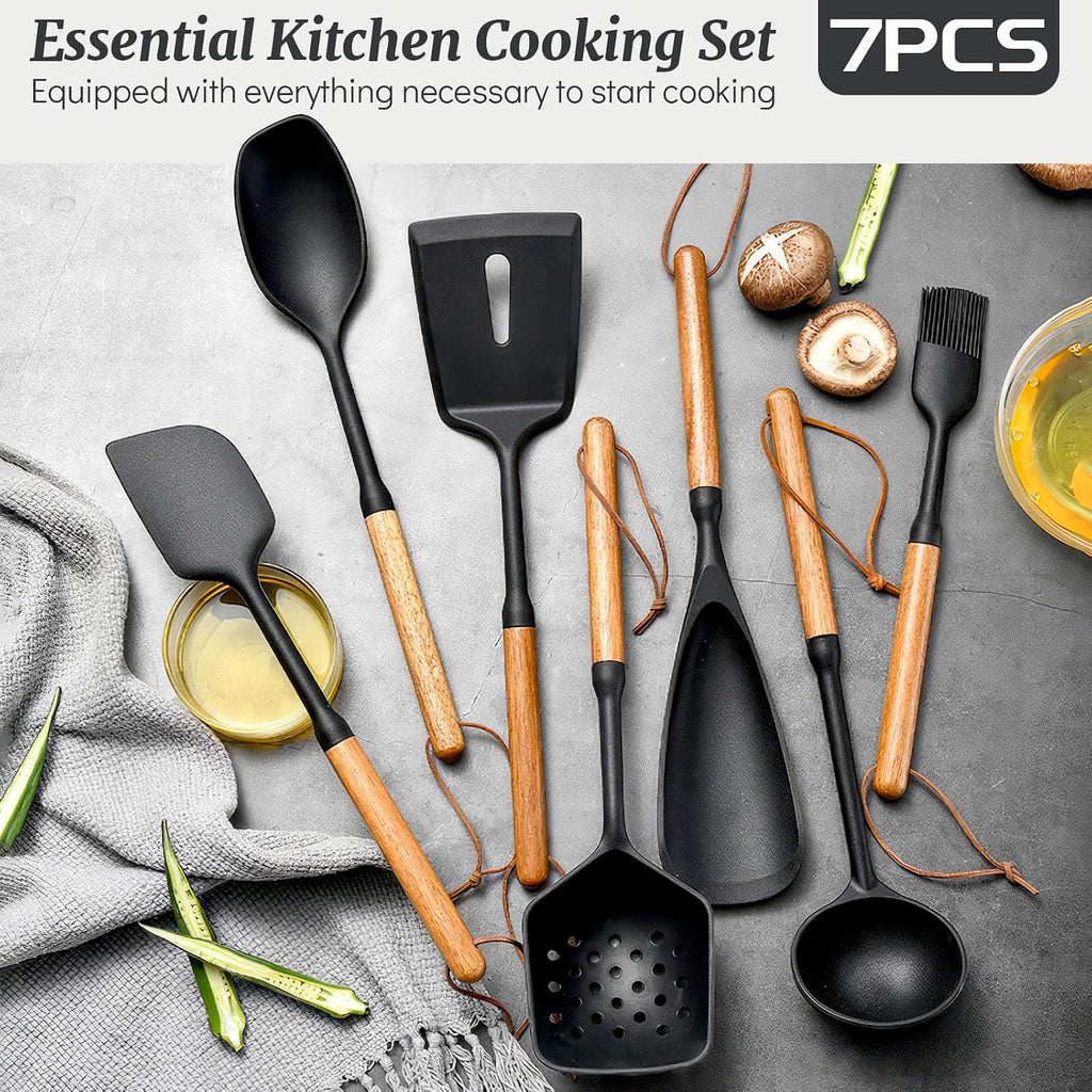 Silicone Cooking Utensils Set, 7PCS Silicone Kitchen Utensils with Wooden Handles, Heat Resistant Spatula Spoon Turner with Hanging Rope,Gadgets Utensil Set for Non-Stick Cookware BPA Free (Black)