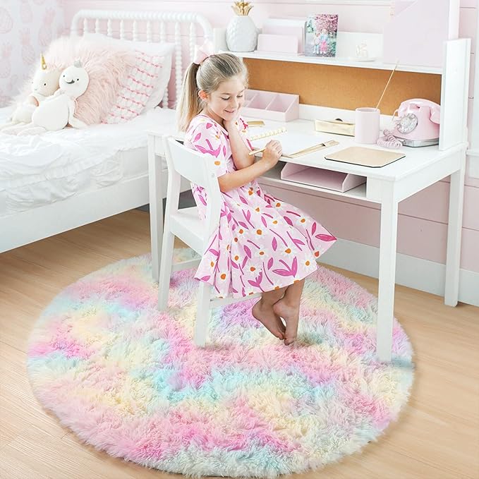 Amdrebio Rainbow Fluffy Small Round Rug 3Ft Kids Rugs - Image 7