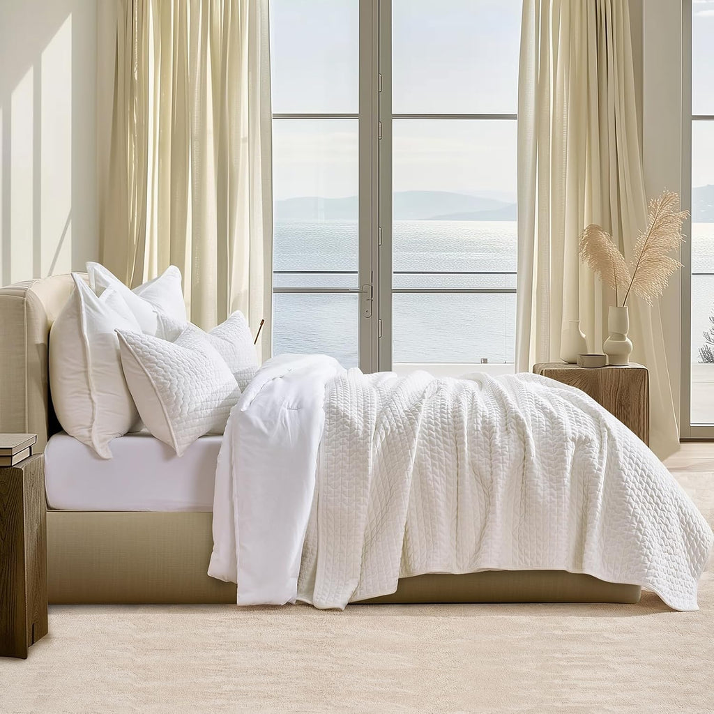 EverGrace Cross-Stitch Velvet Quilt Set, King Size, Bright White