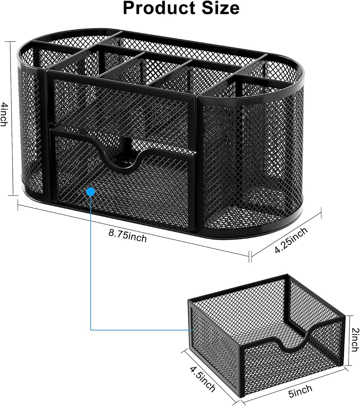 EasyPAG Mesh Pen Holder Desk Organizer with Drawer Stationery Supplies Organizer for Dorm School 9 Compartments Workspace Desk Accessories Organization for Office, Black