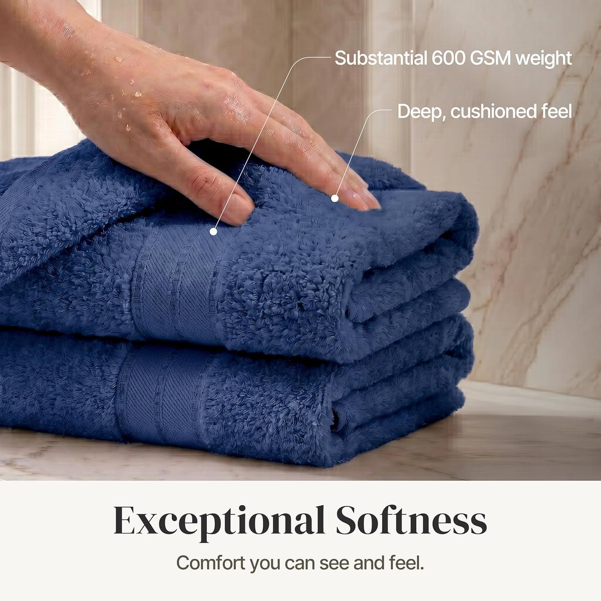 Modern Threads Spun Loft 6 Piece Bath Towel Set – 2 Bath Towels, 2 Hand Towels & 2 Washcloths – 100% Cotton, 600 GSM, Plush, Soft & Absorbent (Navy)
