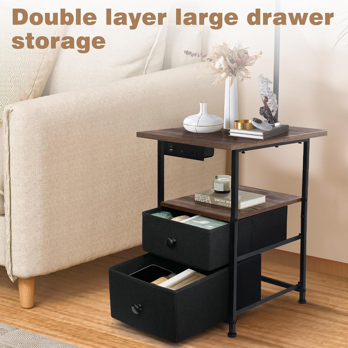 PESRAE Floor Lamp with Table & 2 Drawers, End Table with Lamp, Natural Wood