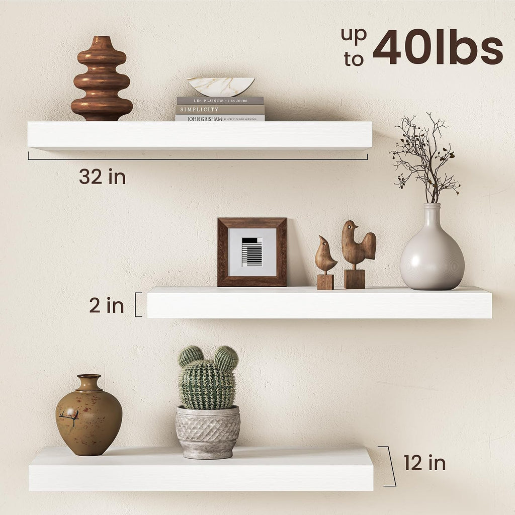 Fun Memories 12" Deep Floating Shelves for Wall, Set of 2, 32 Inch Long Wall Shelves, 2" Thick Storage Display Shelves with Invisible Brackets for Living Room Bedroom Kitchen, White