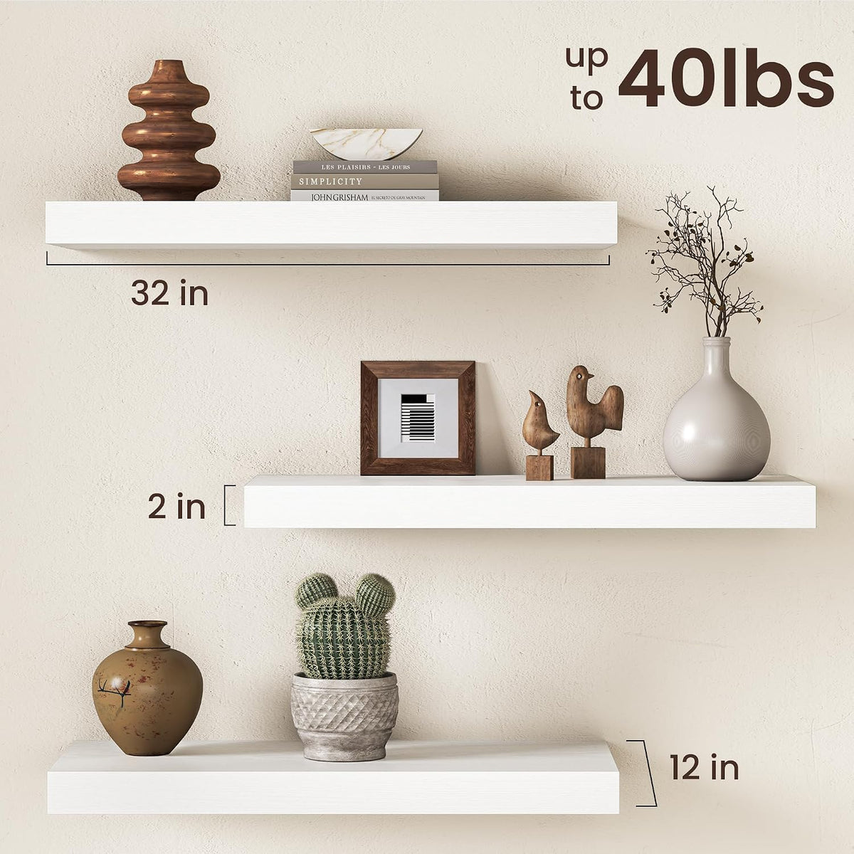 Fun Memories 12" Deep Floating Shelves for Wall, Set of 2, 32 Inch Long Wall Shelves, 2" Thick Storage Display Shelves with Invisible Brackets for Living Room Bedroom Kitchen, White