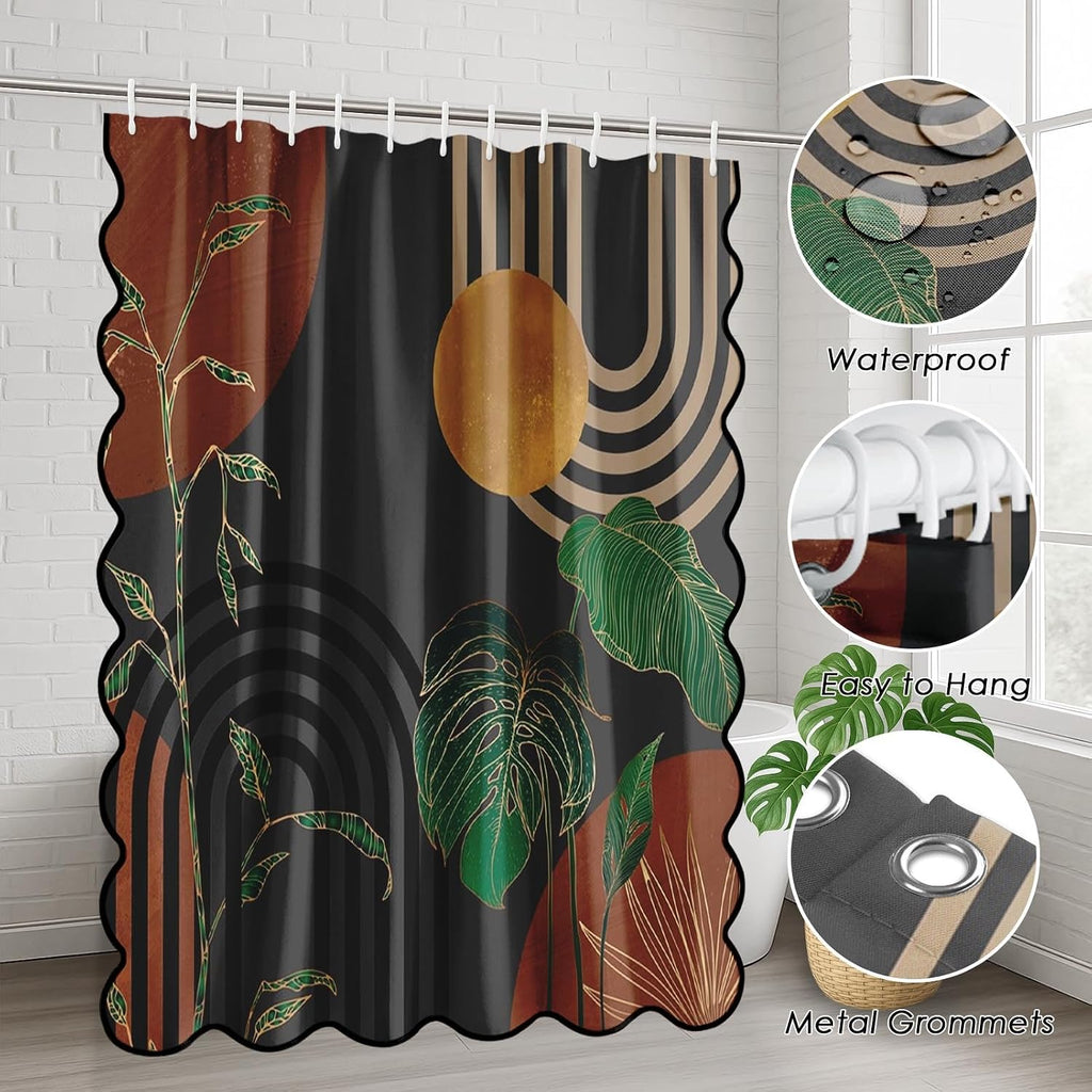 Scalloped Bathroom Sets with Shower Curtain and Rugs, Boho Retro