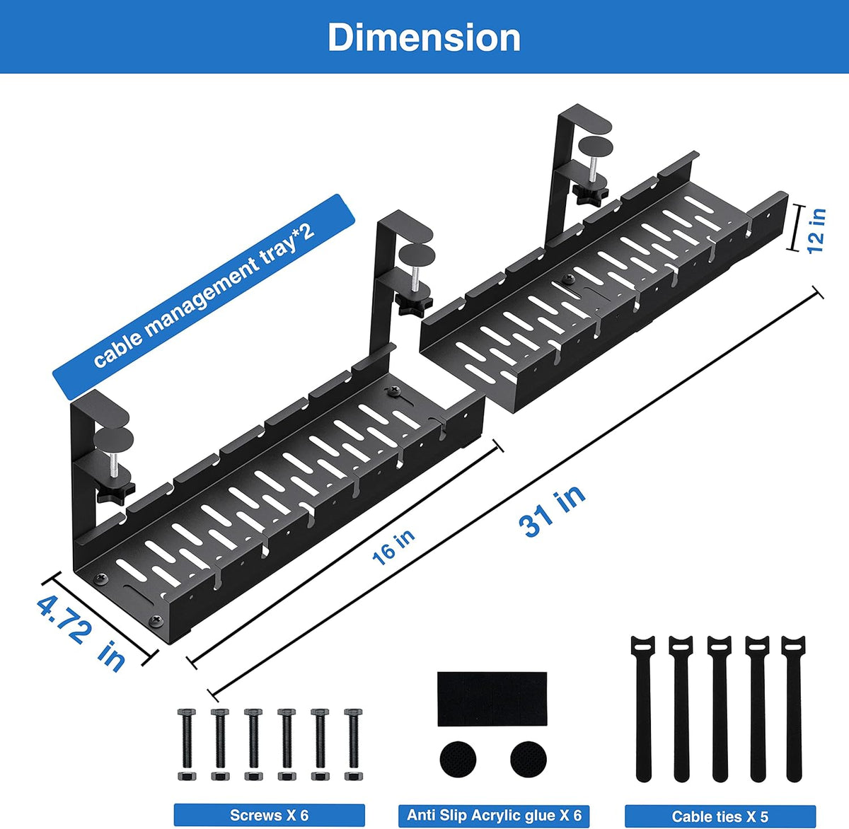 No Drilling Extendable Under Desk Cable Management, Metal Cable Management Tray Under Desk with Clamp, Retractable Power Strip Cord Holder for Wire Management 31Inch(1 Pack Black Extendable 31')