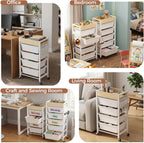 6 Tier Rolling Cart with Drawers, Plastic Drawer Storage Craft Cart with Pegboards & Hooks, Metal Utility Cart with Wheels & Wooden Tabletop, Classroom Office Art Supply Organizers and Storage, White