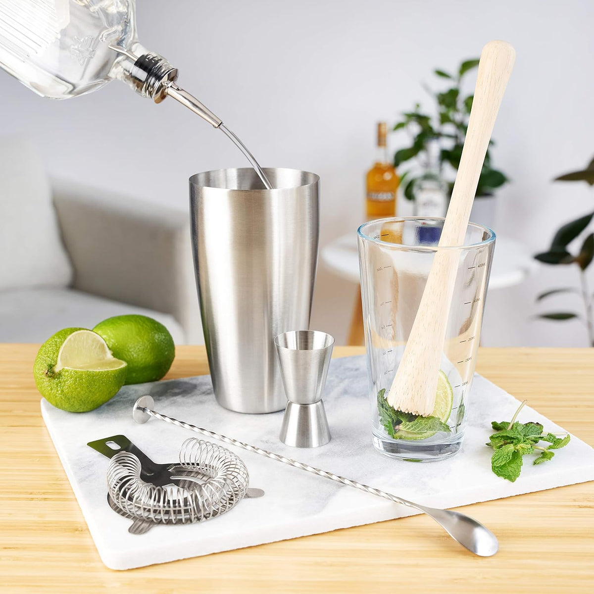 True 7-Piece Barware Set for Mixed Drinks and Cold Brew Cocktails, Includes Boston Cocktail Shaker Tin, Mixing Glass, Jigger, Muddler, Strainer, Bar Spoon, Pour Spout for Home Bar, Bartender Gifts