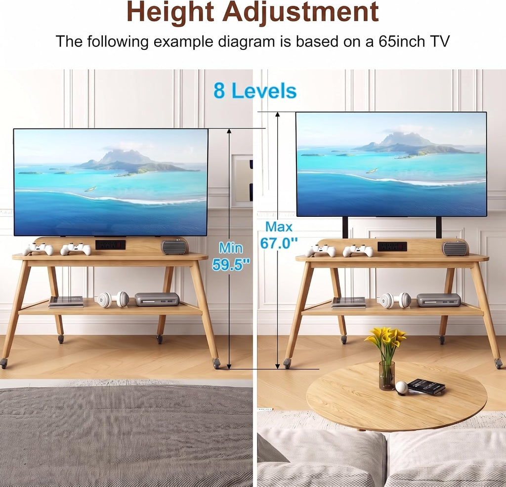 Solid Wood Rolling TV Stand with Power Outlet, Mobile TV Stand