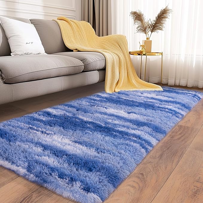 Soft Runner Rugs for Bedroom Hallways, 2x5 Abstract Blue White Fluffy Shag - Image 2
