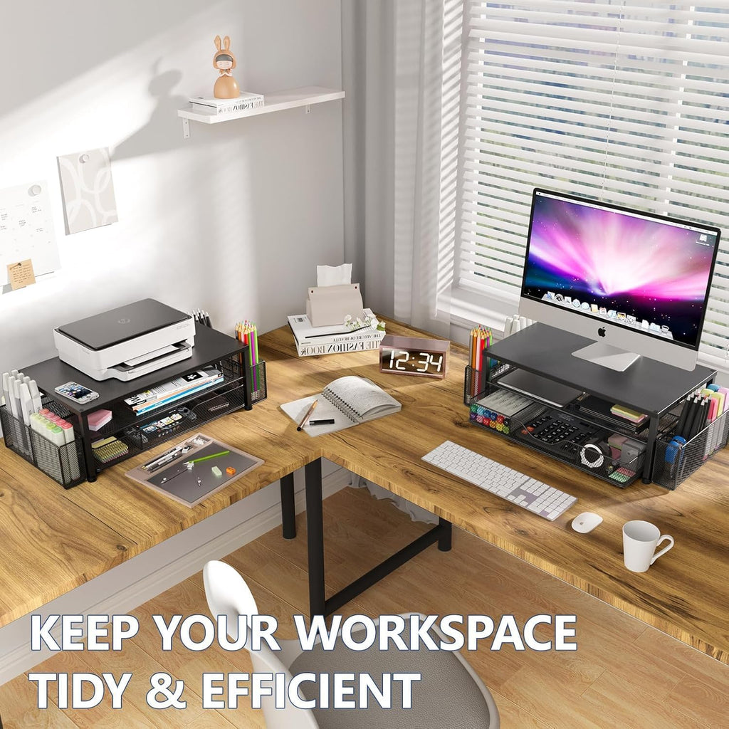 Desk Organizer and Accessories, 2-Tier Computer Monitor Stand Riser with Drawer and 2 Pen Holders, Laptop Stand, Office Desk Accessories for Office Supplies, Black 2-Pack