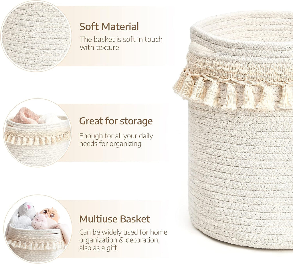 Mkono Macrame Cotton Rope Basket, Small Boho Nursery Decor, 11"x11", Ivory