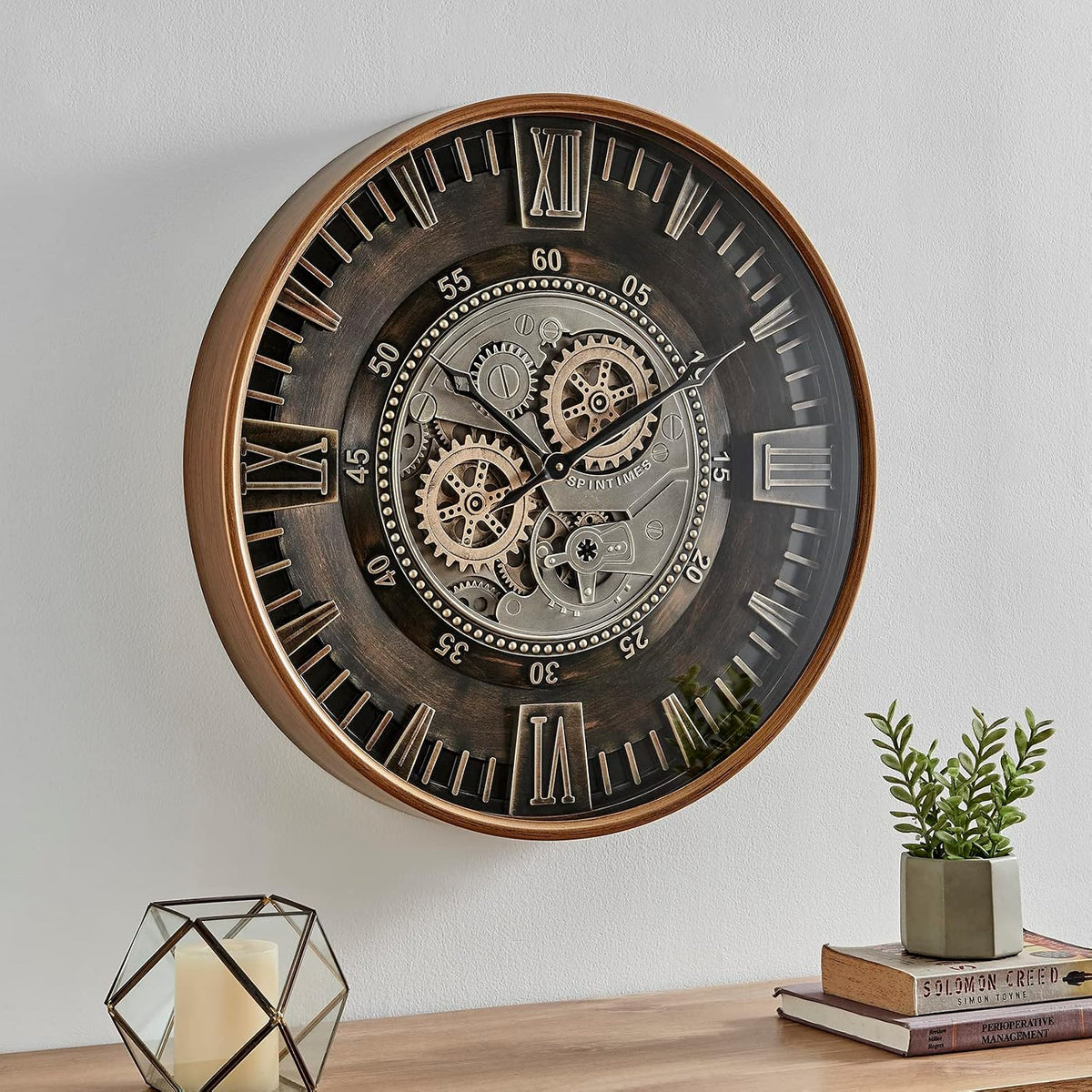 CLXEAST 24 Inch Large Wall Clock with Moving Gears, Antique Gold