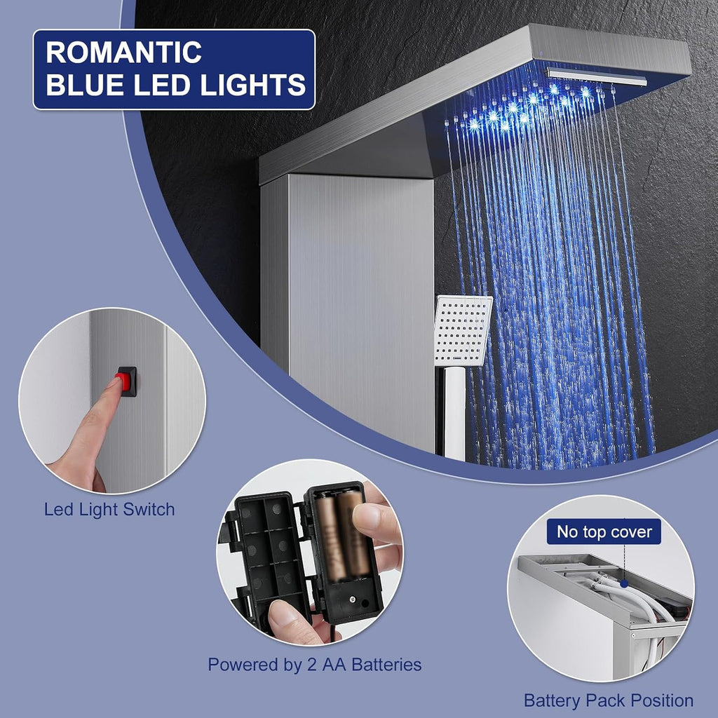 ROVATE 5 in 1 Shower Panel Tower System with LED Lights, Brushed
