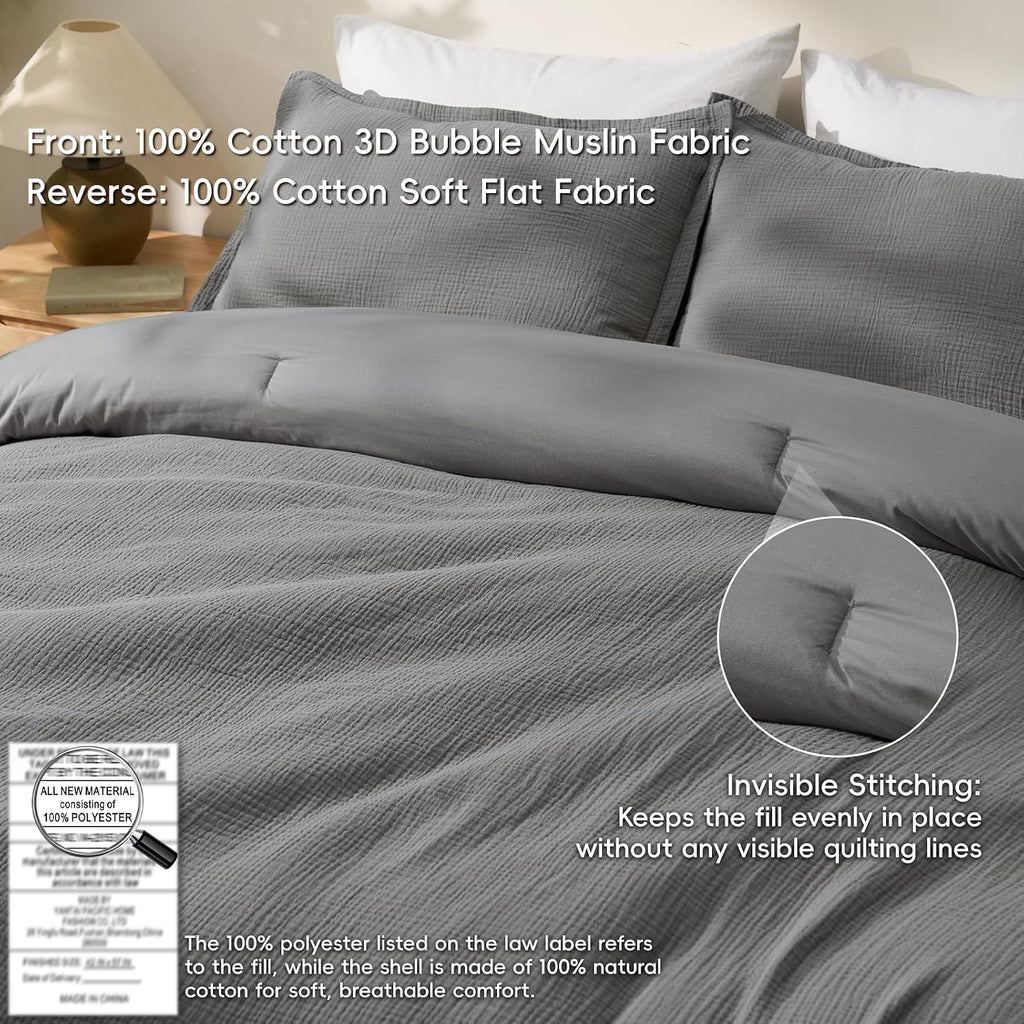 David's Home Cotton Softer Muslin Comforter Set, Twin Size, Grey