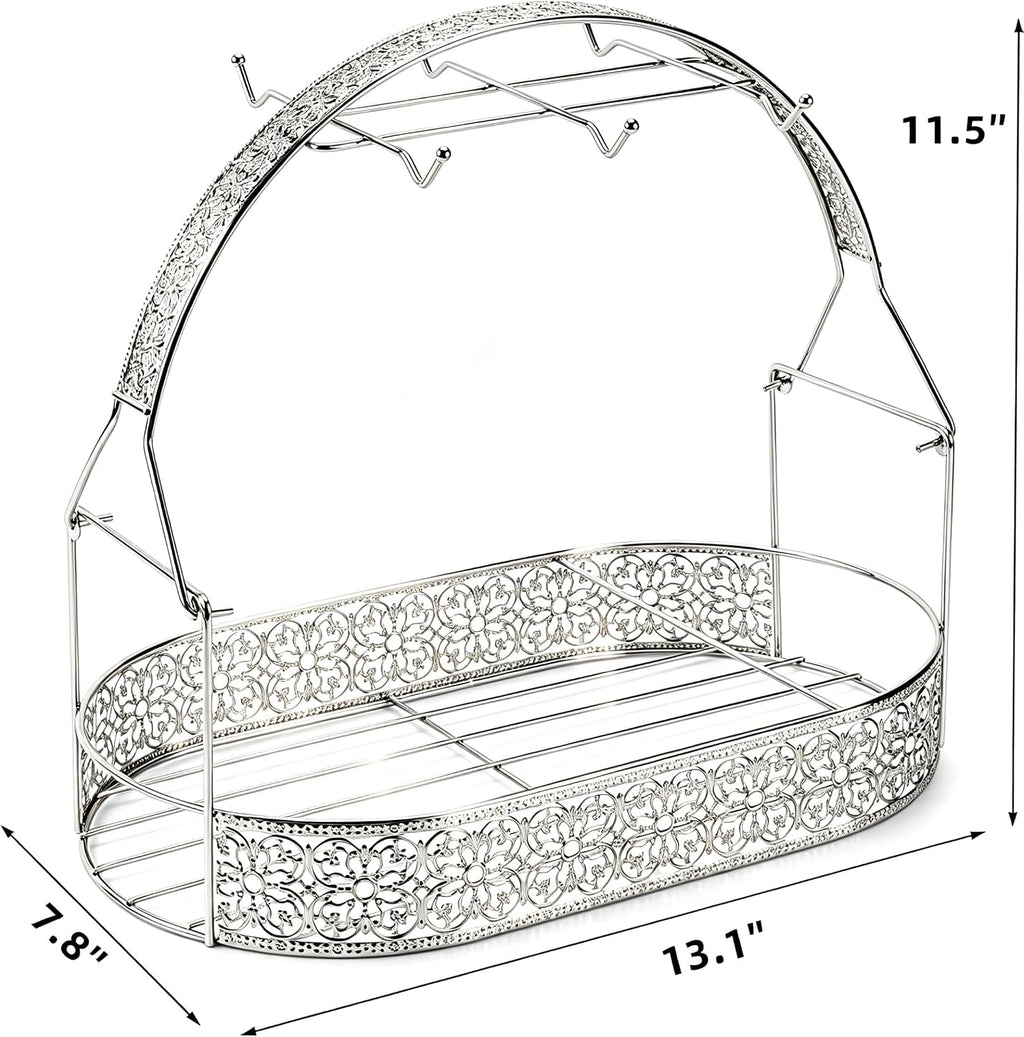 CHENP.HMC Coffee Mug Holder with Oval Drip Tray Vintage Lace Cutout Iron Coffee Cup Rack, Countertop Tea Cup Organizer Display Stand for Kitchen Coffee Bar Decor (Silver)