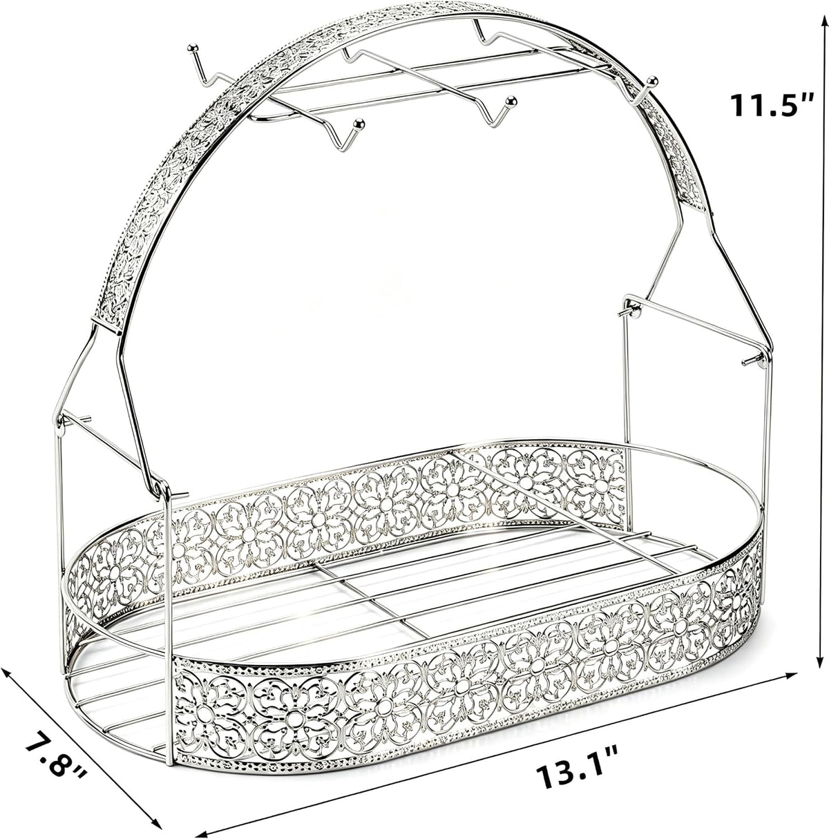 CHENP.HMC Coffee Mug Holder with Oval Drip Tray Vintage Lace Cutout Iron Coffee Cup Rack, Countertop Tea Cup Organizer Display Stand for Kitchen Coffee Bar Decor (Silver)