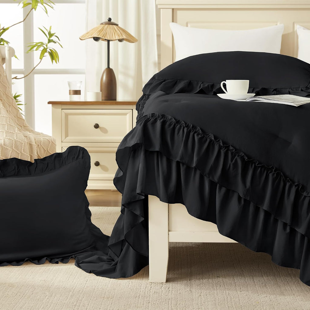 Andency Black Ruffle Comforter Set Queen Size, 3 Pieces
