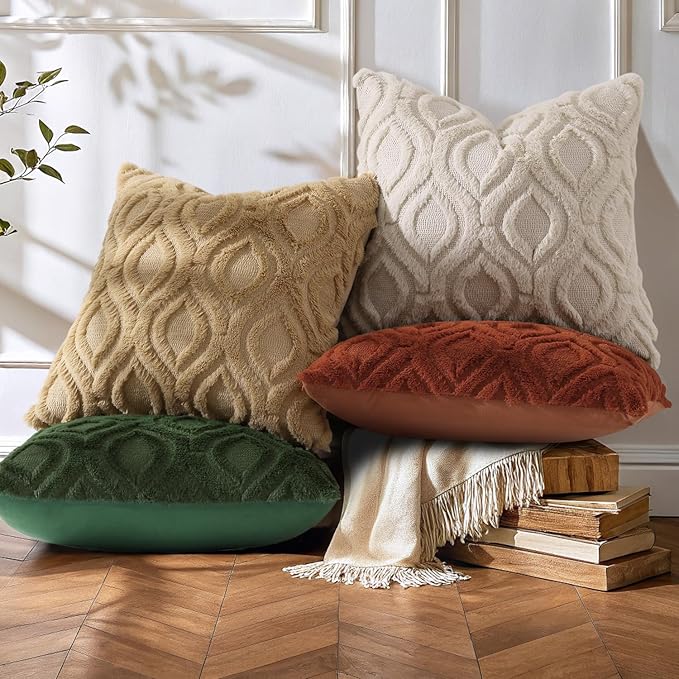 decorUhome Throw Pillow Covers 18x18 Inch Set of 2, Soft Plush Faux Wool Beige - Image 8