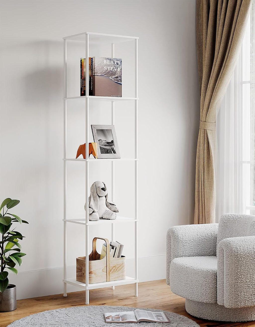 Display Shelf with RGBCW Light, Color Changing Curio Cabinet Floor Lamp with Shelves Corner Standing Column Lamp Etagere Organizer Tower Nightstand Bookcase for Living Room Bedroom Office Décor White