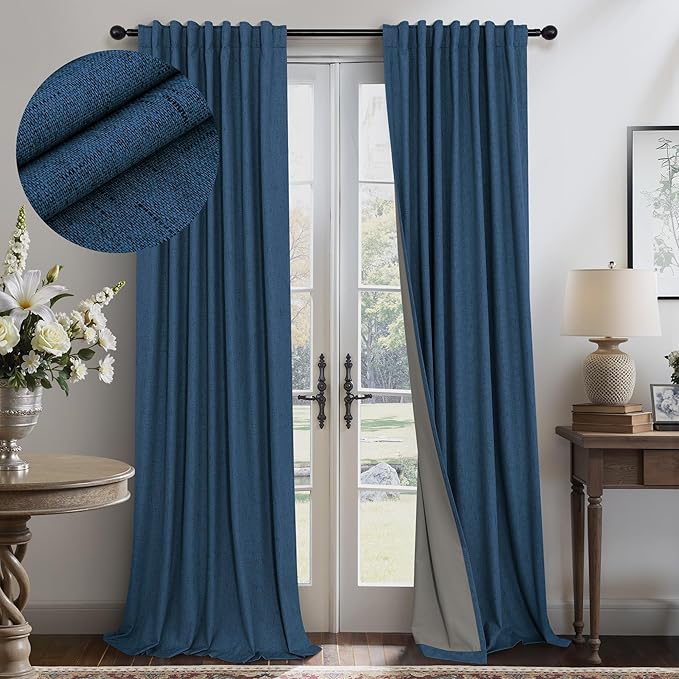 Navy Blue Curtains for Living Room 102 Inch Long 100 Percent Blackout Linen by Pitalk