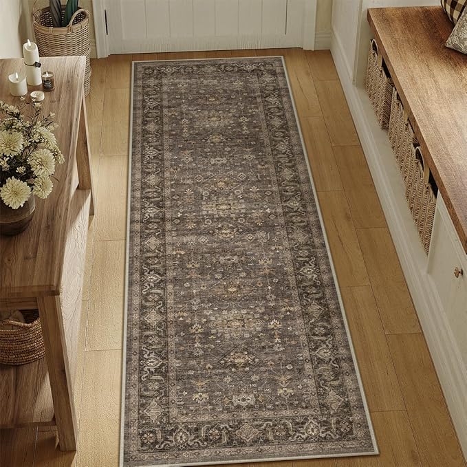 2'6x8 Washable Runner Rug for Hallway Kitchen Vintage Brown Non Slip Low Pile - Image 3
