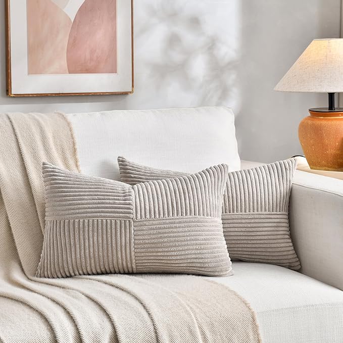 Fancy Homi 2 Packs Neutral Taupe Lumbar Decorative Throw Pillow Covers 16x26 - Image 5