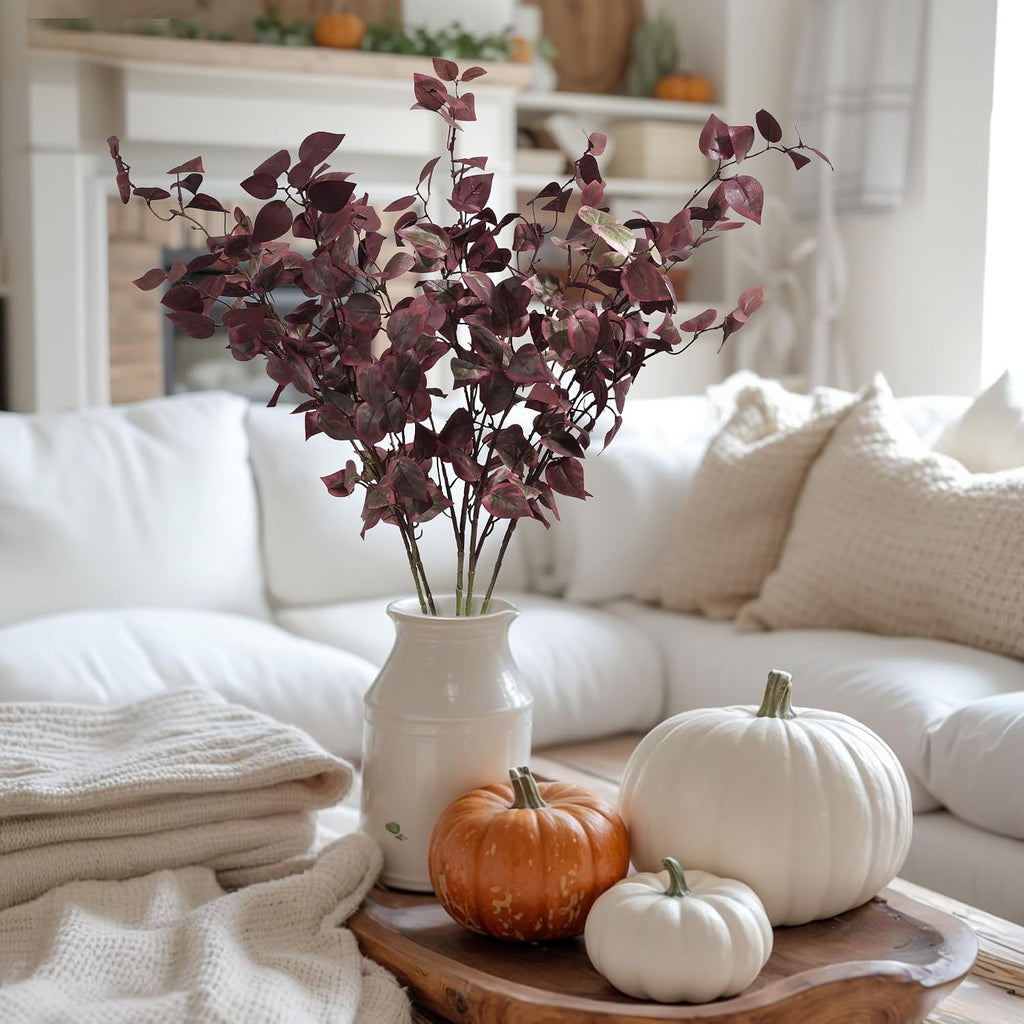 HyeFlora 5PCS Artificial Fall Eucalyptus Leaves Stem Plants, 32.7 inch Fake Leaves Autumn Greenery Branches Burgundy Shrubs Silk Faux Foliage DIY Stems for Thanksgiving Festival Home Kitchen Farmhouse