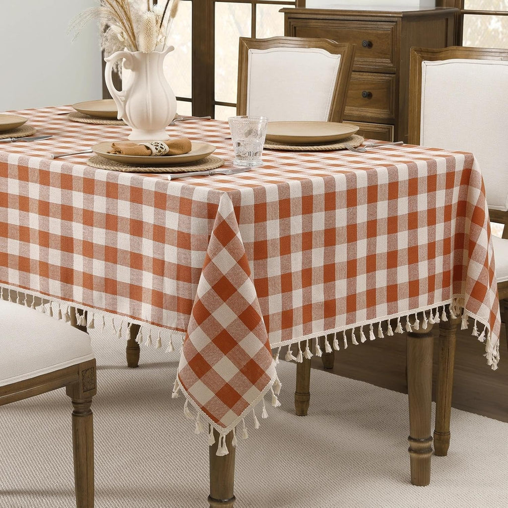 Romanstile Fall Gingham Tassel Tablecloth Rectangle - 55 x 102 Inch, Orange