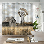4PCS Rustic Barn Windmill Shower Curtain Set, Western Farm Barn Farmhouse Bathroom Accessories with Non-Slip Rugs, Toilet Lid Cover Bath Mat and 12 Hooks, Home Decor 72" x 72"