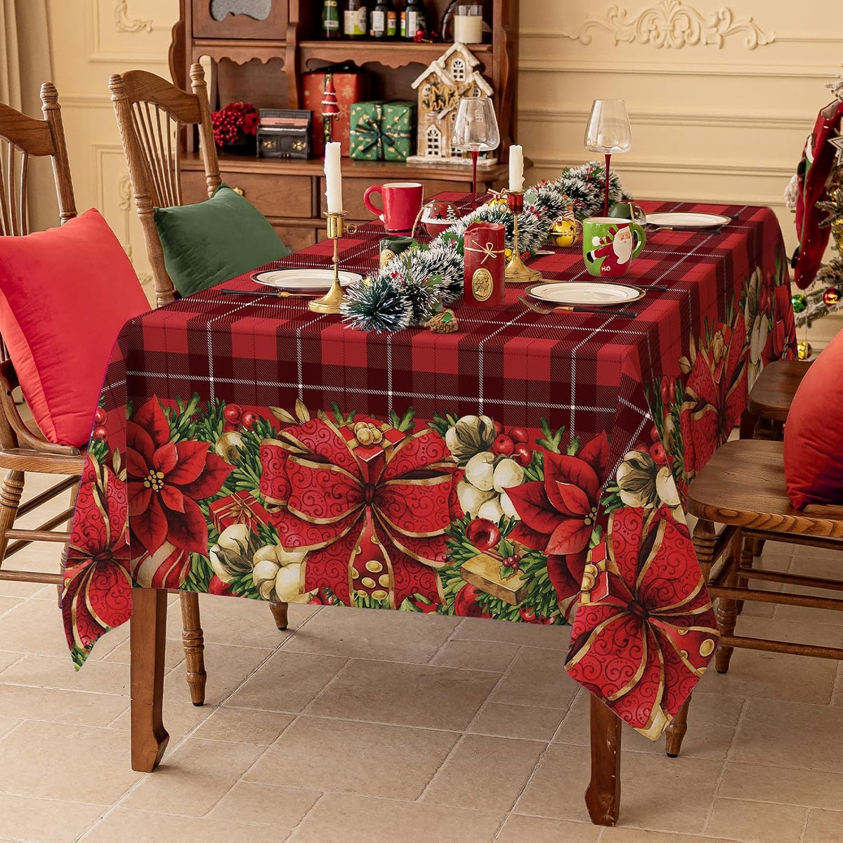 Softalker Christmas Rectangle Tablecloth 60 x 144 Inch, Red Checkered