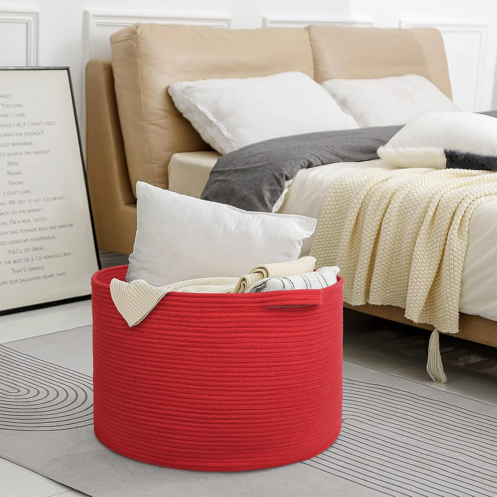 Extra Large Red Basket for Organizing, 22" X 22" X 14" Woven Cotton Rope Bins for Blankets, Baby Nursery Wicker Laundry Basket, Kids Dog Toy Storage Box, Big Red Living Room Decor Organizer