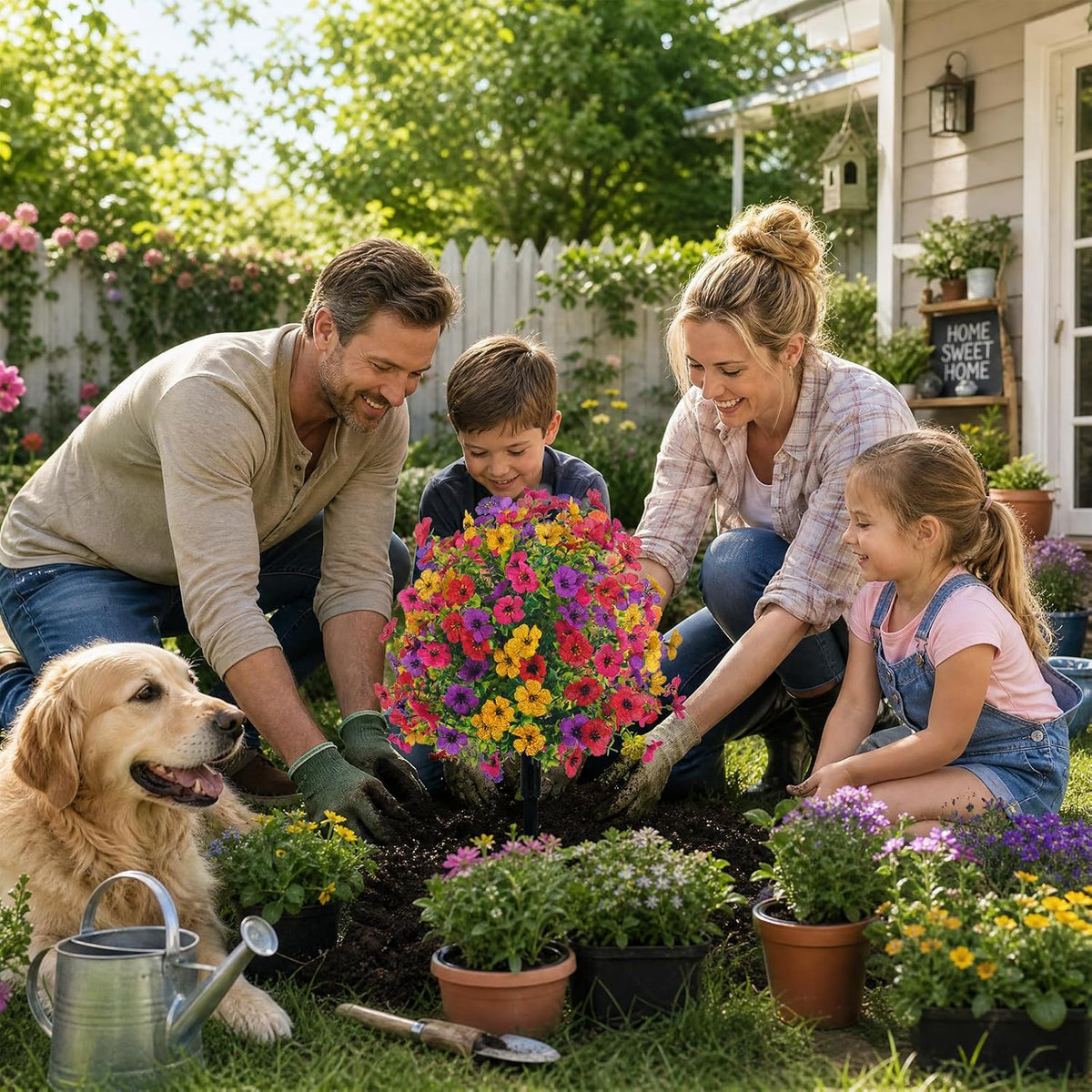 22 Inch Artificial Flowers and Shrubs with Stakes for Outdoors, 4 Colors Mix, 165 Blooms Per Stem, Vibrant Color & No Fade, Heavy‑Duty Stakes for Yard Lawn Patio All‑Season Decor (2Pcs)