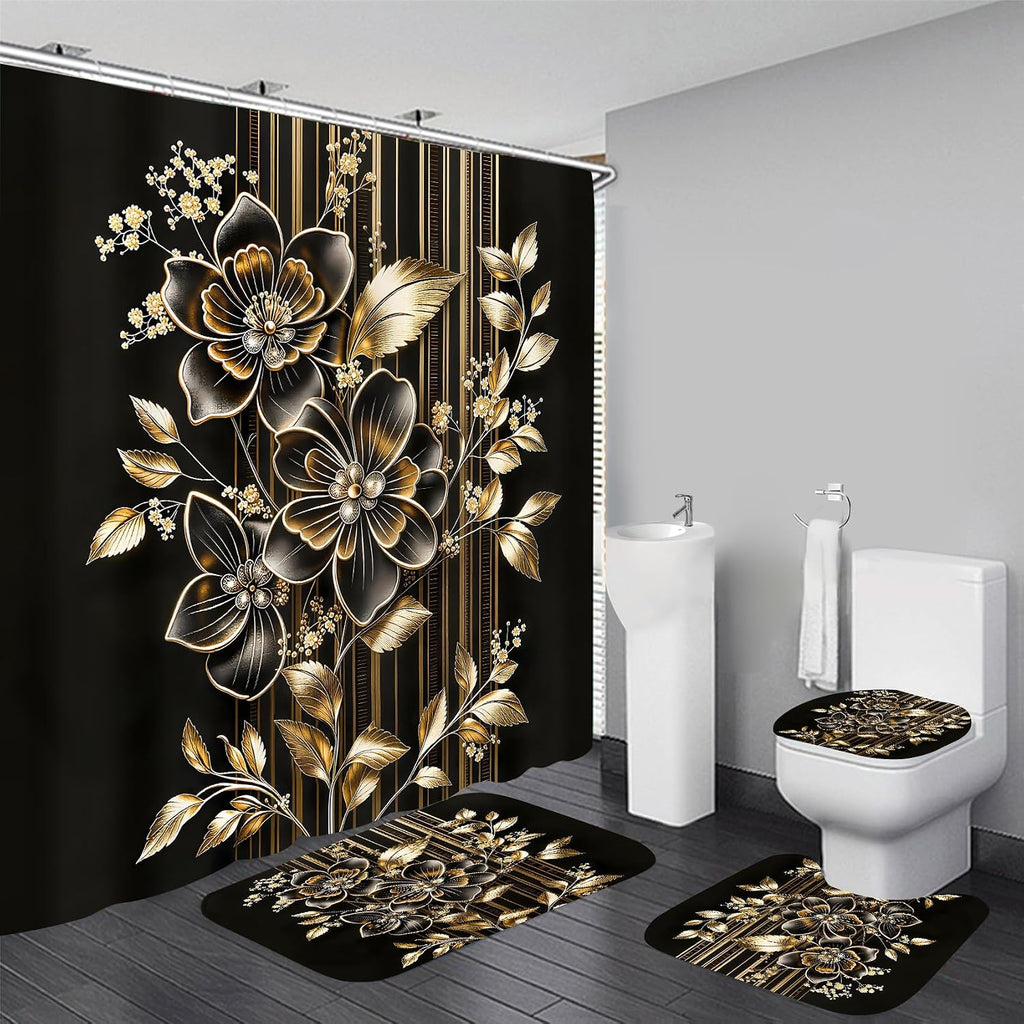 4pcs Shower Curtain Set Black Gold Flower Bathroom Decor with Rug