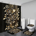 4pcs Shower Curtain Set Black Gold Flower Bathroom Decor with Rug