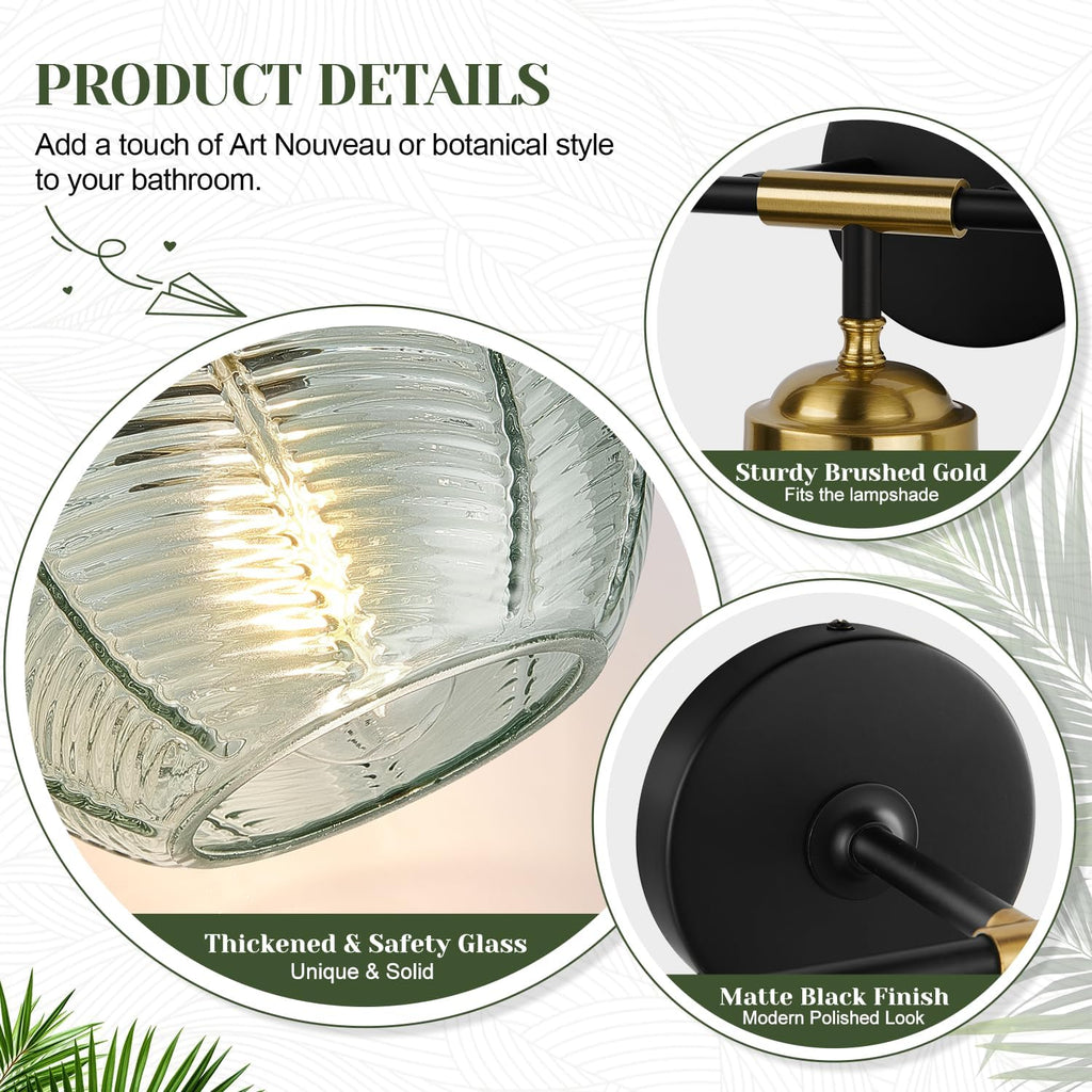 MOKATNG Bathroom Light Fixtures, 2-Light Green Vanity Lights with Unique Leaf Texture Glass Shade, Modern Matte Black and Gold Bathroom Wall Lamp for Mirror Hallway Cabinet Living Room