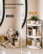 3-Tier Corner Bathroom Counter Organizer, Solid Pine Vanity Shelf, White