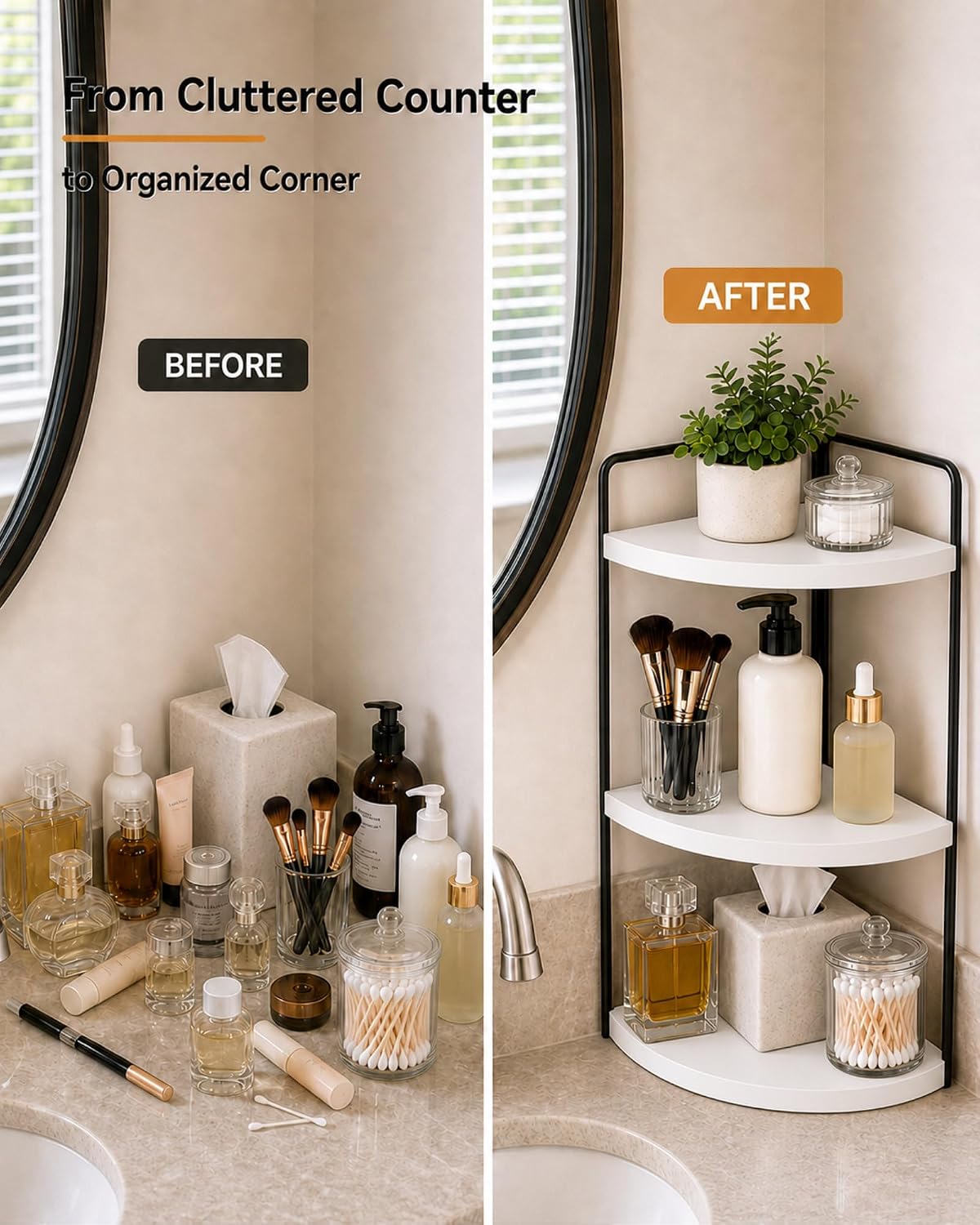 3-Tier Corner Bathroom Counter Organizer, Solid Pine Vanity Shelf, White